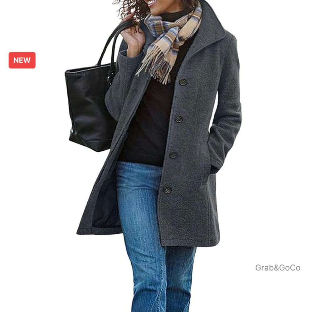 Classic Wool Pea Coat Elegant Single Breasted Stand Collar Thigh Length